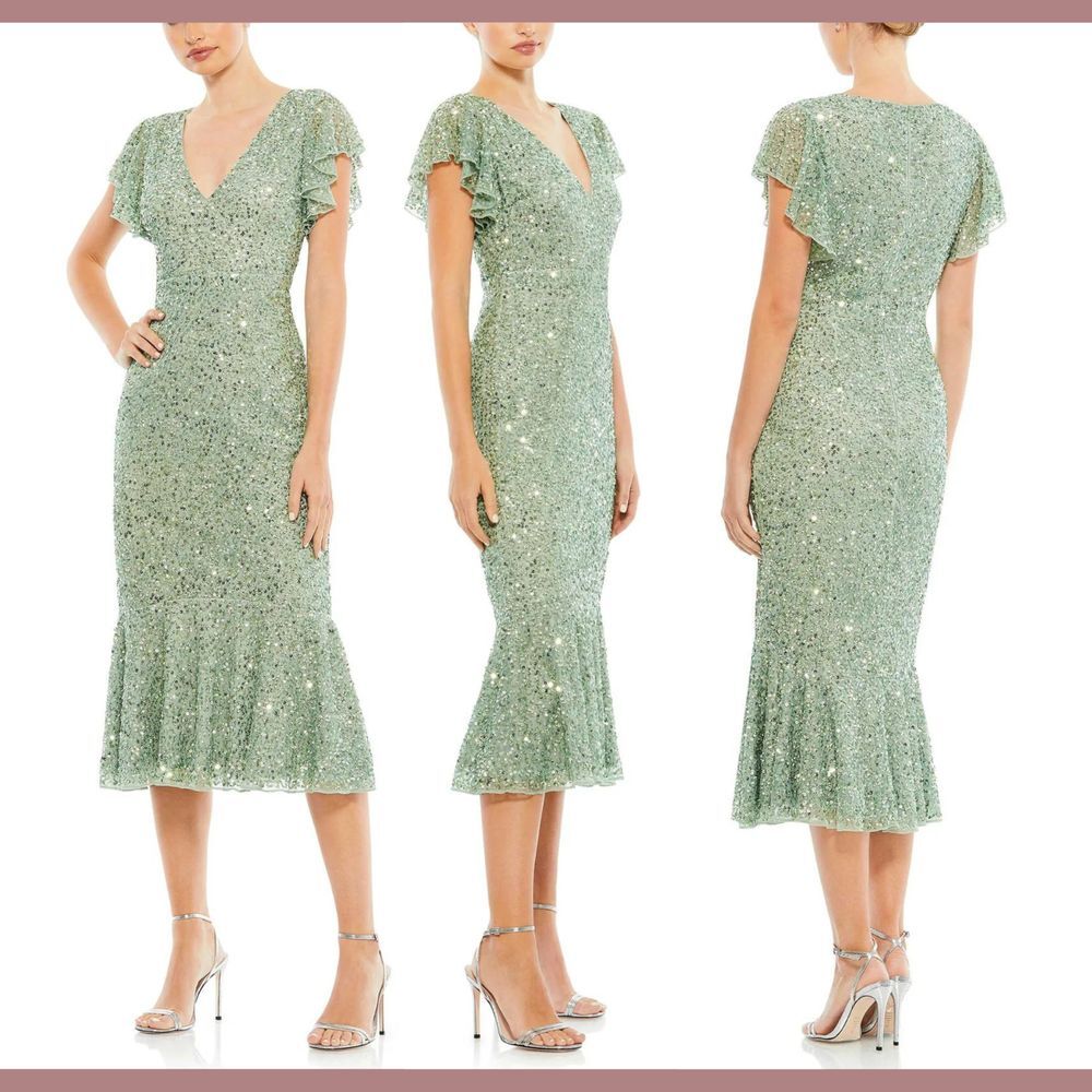 NWT $398 Mac Duggal [ 6‎ ] Sequined V-Neck Flutter Cap Sleeve Dress Sage Green